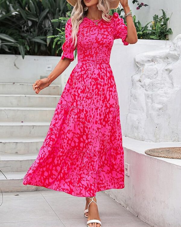 BTFBM Women Casual Summer Dresses 2025 Spring Crew Neck Ruffle Short Sleeve Floral Print Smocked Boho Flowy Maxi Dress - Image 4