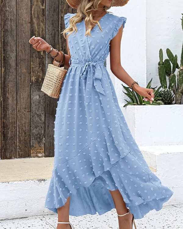 BTFBM Women V Neck Summer Dress 2025 Cap Sleeve Swiss Dot Boho Flowy Ruffle Slit Beach Party Long Maxi Cocktail Dresses - Image 4