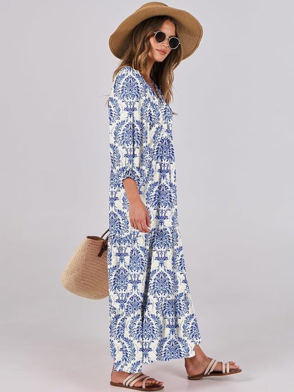 ANRABESS Womens Boho Maxi Dresses 2025 Summer V Neck Puff Sleeve Floral Flowy Swing Casual Long Dress - Image 4
