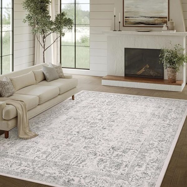 Gray Area Rug 5x7 Machine Washable Vintage Living Room Distressed Non Slip Carpet Traditional Indoor Bedroom Grey Retro Floral Accent Throw Large Rug for Office Kitchen Bathroom Dining Room - Image 4