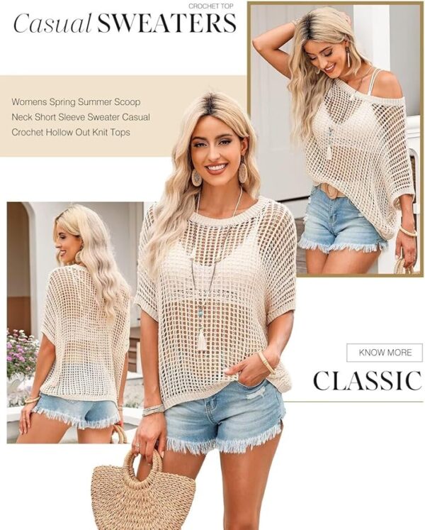 Dokotoo Womens Summer Scoop Neck Short Sleeve Sweater Casual Crochet Hollow Out Knit Tops Pullover Shirts Beach Coverup - Image 2