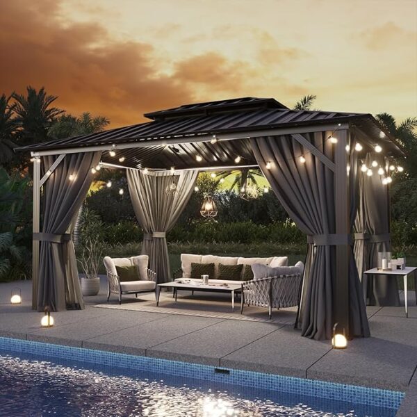 Aoxun 10'x12' Hardtop Gazebo, Aluminum Frame Canopy with Double Galvanized Steel Roof, Outdoor Metal Pavilion with Netting, Curtains for Backyard, Patio and Deck