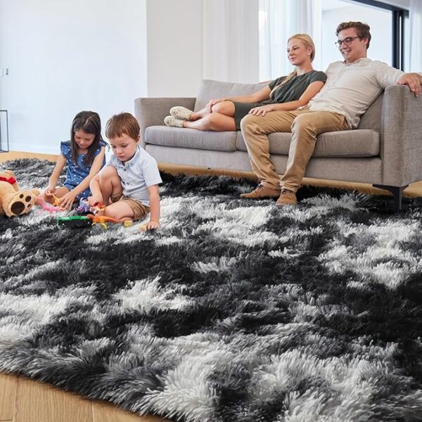PAGISOFE 9x12 Area Rugs Living Room, Extra Large Black White Grey Machine Washable Rugs for Bedroom Fluffy Indoor Rugs for Kids Room Classroom Dorm Room Aesthetic Shaggy Carpet Plush Modern Cool Rug - Image 3