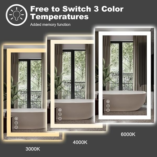 Amorho LED Bathroom Mirror 60'' X36'' with Front and Backlight, Large Dimmable Wall Mirrors with Anti-Fog, Shatter-Proof, Memory, 3 Colors, Double LED Vanity Mirror - Image 5
