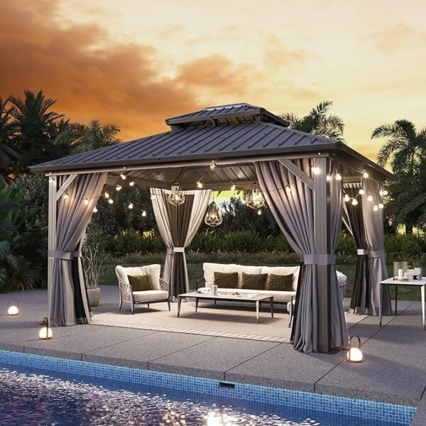 Aoxun 12'x14' Hardtop Gazebo, Aluminum Frame Canopy with Double Galvanized Steel Roof, Outdoor Metal Pavilion with Netting, Curtains for Backyard, Patio and Deck - Image 3