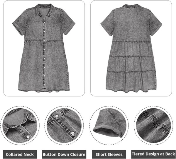 GRAPENT Denim Dress for Women Babydoll Tiered Short Sleeve Button Down Jean Shirt Dresses - Image 5