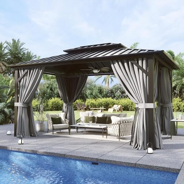 Aoxun 10'x12' Hardtop Gazebo, Aluminum Frame Canopy with Double Galvanized Steel Roof, Outdoor Metal Pavilion with Netting, Curtains for Backyard, Patio and Deck - Image 3