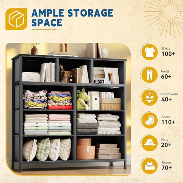 DWVO 9 Drawers Dresser for Bedroom, Fabric Storage Tower for Living Room, Entryway - Sturdy Steel Frame, Wooden Top & Easy Pull Fabric Bins - Image 6