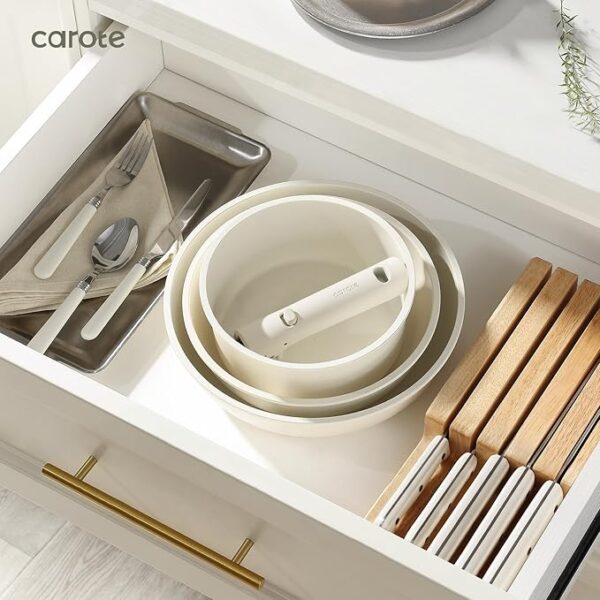 CAROTE 33pcs Pots and Pans Set Non Stick, Cookware Set, Removable Handle Pots and Pans Nonstick, RV Oven Safe Cookware, Induction Kitchen Cookware Set, Knife Set, Cream White - Image 3