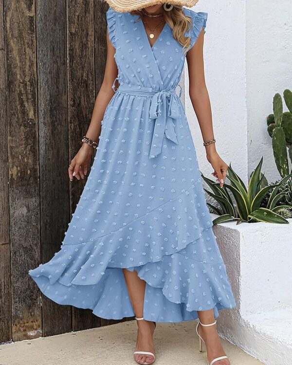 BTFBM Women V Neck Summer Dress 2025 Cap Sleeve Swiss Dot Boho Flowy Ruffle Slit Beach Party Long Maxi Cocktail Dresses - Image 3