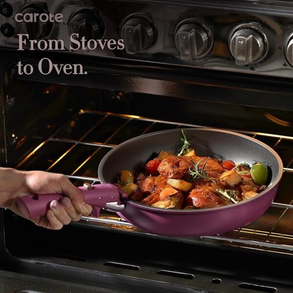CAROTE 19pcs Pots and Pans Set, Nonstick Cookware Set Detachable Handle, Induction Kitchen Cookware Sets Non Stick with Removable Handle, RV Cookware Set, Gold and Purple - Image 2
