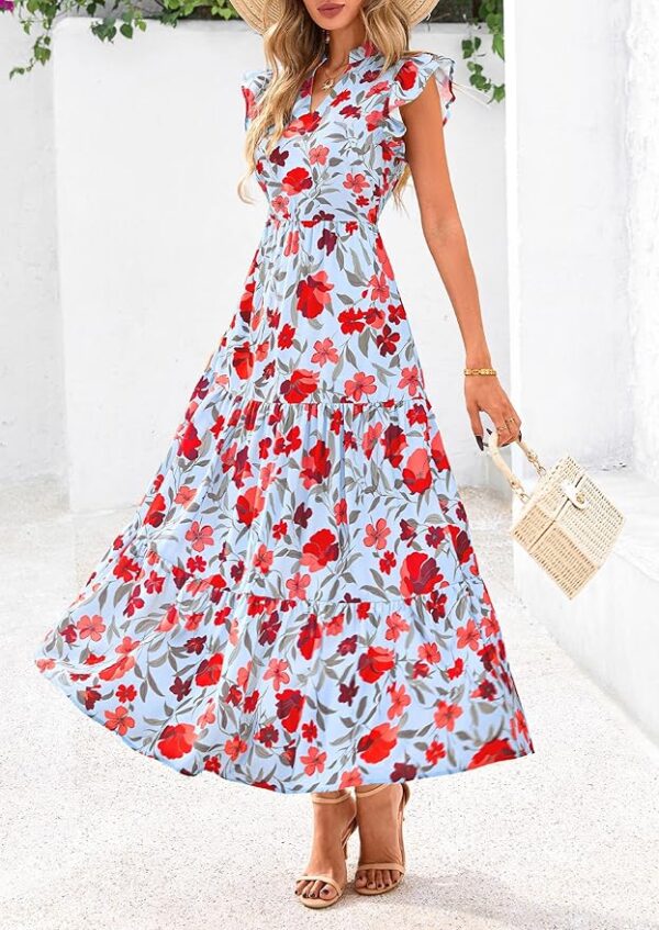 PRETTYGARDEN Women's 2025 Summer Floral Midi Dress Cap Sleeve V Neck Ruffle Long Flowy Boho Casual Beach Vacation Dresses - Image 2