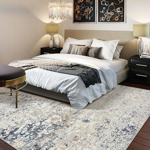 Area Rug Living Room Rugs - 8x10 Abstract Large Soft Indoor Washable Rug Neutral Modern Low Pile Carpet for Bedroom Dining Room Farmhouse Home Office - Beige Blue - Image 2