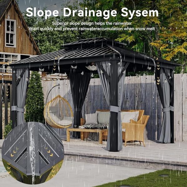 Aoxun 10'x12' Hardtop Gazebo, Aluminum Frame Canopy with Double Galvanized Steel Roof, Outdoor Metal Pavilion with Netting, Curtains for Backyard, Patio and Deck - Image 6