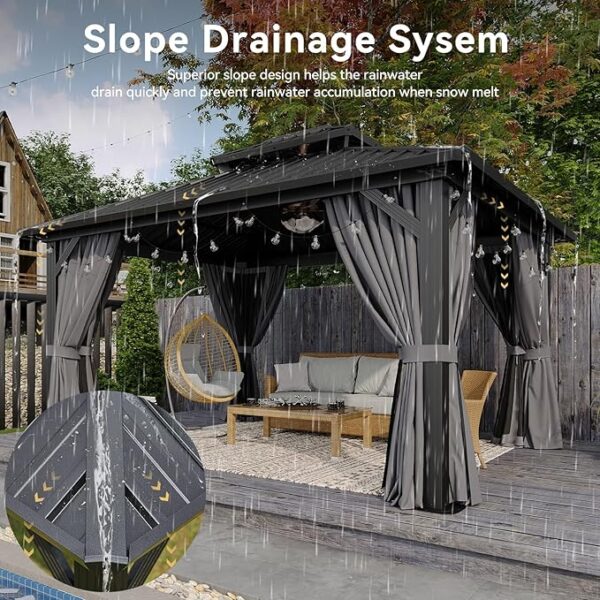 Aoxun 12'x14' Hardtop Gazebo, Aluminum Frame Canopy with Double Galvanized Steel Roof, Outdoor Metal Pavilion with Netting, Curtains for Backyard, Patio and Deck - Image 6
