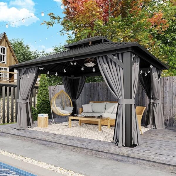 Aoxun 12'x14' Hardtop Gazebo, Aluminum Frame Canopy with Double Galvanized Steel Roof, Outdoor Metal Pavilion with Netting, Curtains for Backyard, Patio and Deck