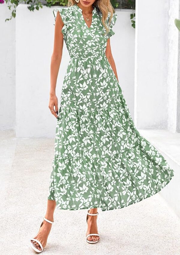 PRETTYGARDEN Women's 2025 Summer Floral Midi Dress Cap Sleeve V Neck Ruffle Long Flowy Boho Casual Beach Vacation Dresses - Image 2