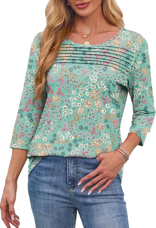 OFEEFAN Womens Tops 3/4 Length Sleeve Blouses Dressy Casual Spring Summer Outfits Pleated Front T Shirts Curved Hem - Image 4