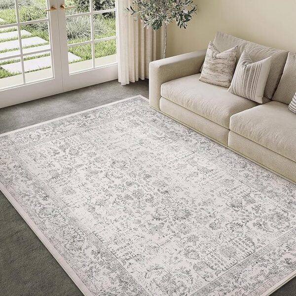 Gray Area Rug 5x7 Machine Washable Vintage Living Room Distressed Non Slip Carpet Traditional Indoor Bedroom Grey Retro Floral Accent Throw Large Rug for Office Kitchen Bathroom Dining Room