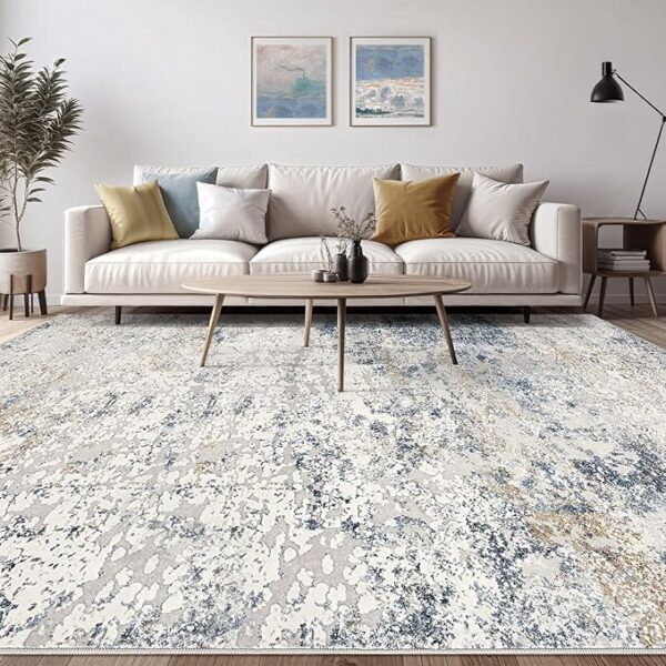 Area Rug Living Room Rugs - 8x10 Abstract Large Soft Indoor Washable Rug Neutral Modern Low Pile Carpet for Bedroom Dining Room Farmhouse Home Office - Beige Blue - Image 4