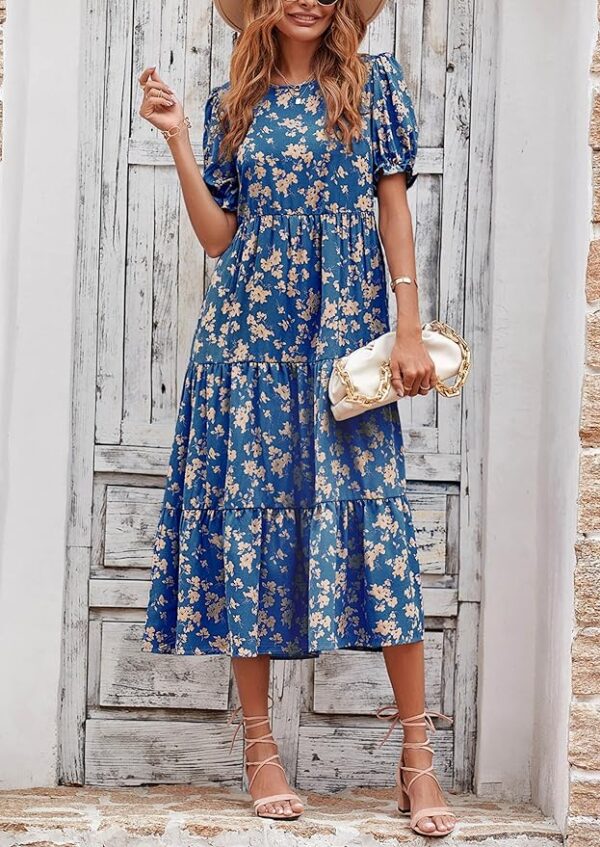 PRETTYGARDEN Women's Summer Casual Boho Dress Floral Print Ruffle Puff Short Sleeve Flowy Midi Beach Party Dresses - Image 4