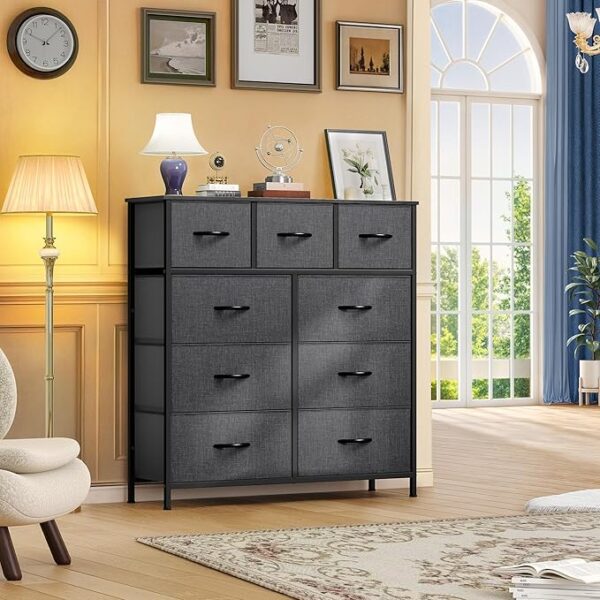 DWVO 9 Drawers Dresser for Bedroom, Fabric Storage Tower for Living Room, Entryway - Sturdy Steel Frame, Wooden Top & Easy Pull Fabric Bins - Image 3
