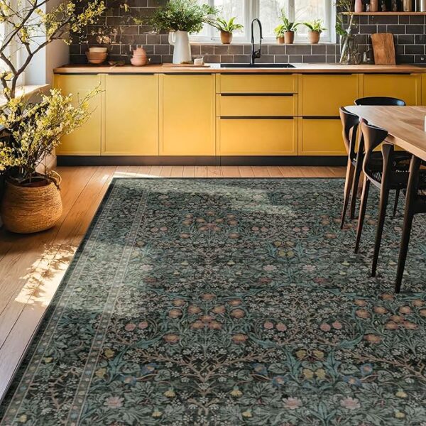 Washable Dark Green Rug for Living Room - 9x12 Large Area Rug for Bedroom, Dining Room Rugs for Under Table, Soft Low Pile Non-Slip Stain Resistant Carpet - Vintage Floral Design (9x12 Dark Green) - Image 3