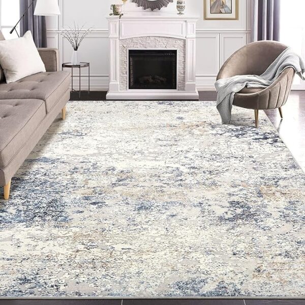 Area Rug Living Room Rugs - 8x10 Abstract Large Soft Indoor Washable Rug Neutral Modern Low Pile Carpet for Bedroom Dining Room Farmhouse Home Office - Beige Blue - Image 3
