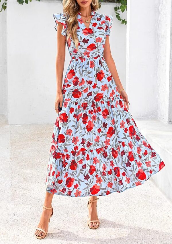 PRETTYGARDEN Women's 2025 Summer Floral Midi Dress Cap Sleeve V Neck Ruffle Long Flowy Boho Casual Beach Vacation Dresses - Image 6