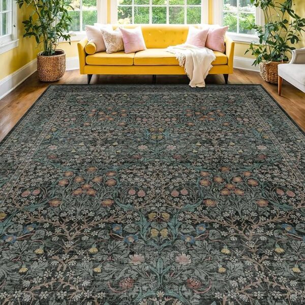 Washable Dark Green Rug for Living Room - 9x12 Large Area Rug for Bedroom, Dining Room Rugs for Under Table, Soft Low Pile Non-Slip Stain Resistant Carpet - Vintage Floral Design (9x12 Dark Green)