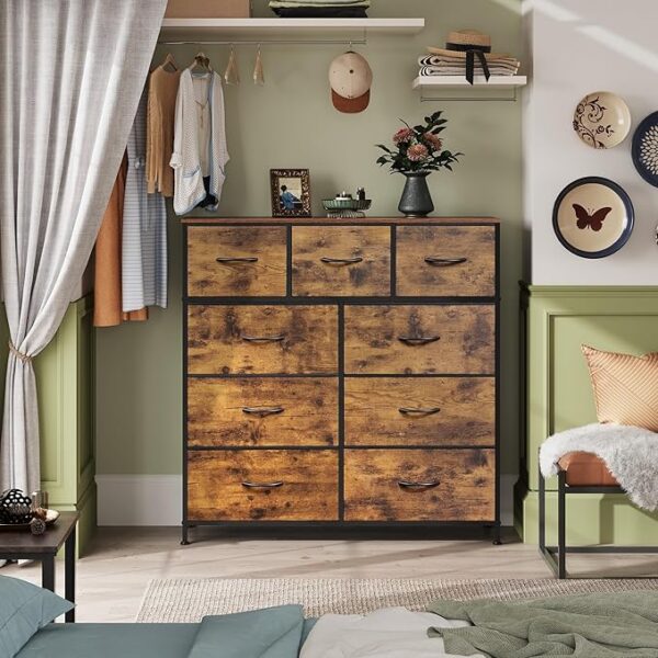 WLIVE 9-Drawer Dresser, Fabric Storage Tower for Bedroom, Hallway, Entryway, Closet, Tall Chest Organizer Unit with Fabric Bins, Steel Frame, Wood Top, Easy Pull Handle, Rustic Brown Wood Grain Print - Image 2