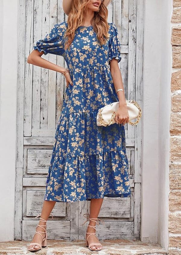 PRETTYGARDEN Women's Summer Casual Boho Dress Floral Print Ruffle Puff Short Sleeve Flowy Midi Beach Party Dresses - Image 3