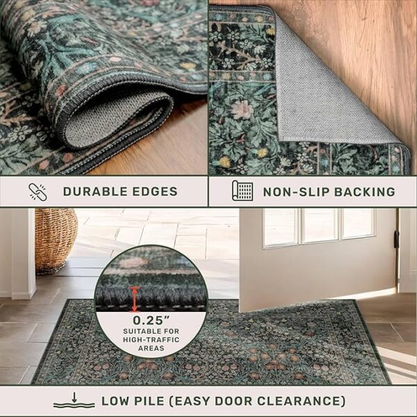 Washable Dark Green Rug for Living Room - 9x12 Large Area Rug for Bedroom, Dining Room Rugs for Under Table, Soft Low Pile Non-Slip Stain Resistant Carpet - Vintage Floral Design (9x12 Dark Green) - Image 5