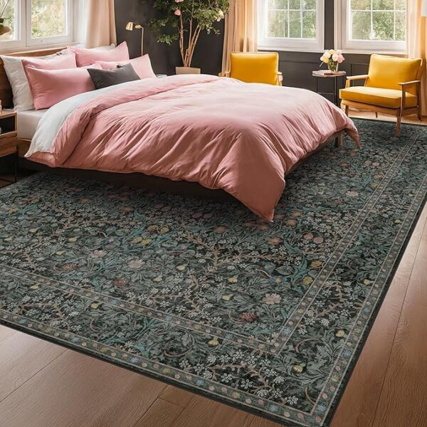 Washable Dark Green Rug for Living Room - 9x12 Large Area Rug for Bedroom, Dining Room Rugs for Under Table, Soft Low Pile Non-Slip Stain Resistant Carpet - Vintage Floral Design (9x12 Dark Green) - Image 4