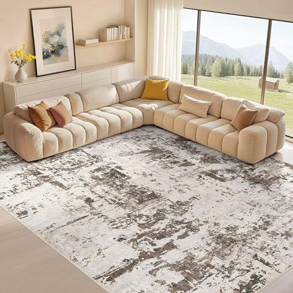 8x10 Rug for Living Room : Soft Abstract Washable Non-Slip Durable Rugs, Neutral Modern Indoor Carpet for Bedroom Dining Room Home Office - Tan
