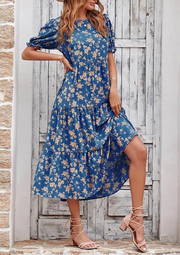 PRETTYGARDEN Women's Summer Casual Boho Dress Floral Print Ruffle Puff Short Sleeve Flowy Midi Beach Party Dresses - Image 5