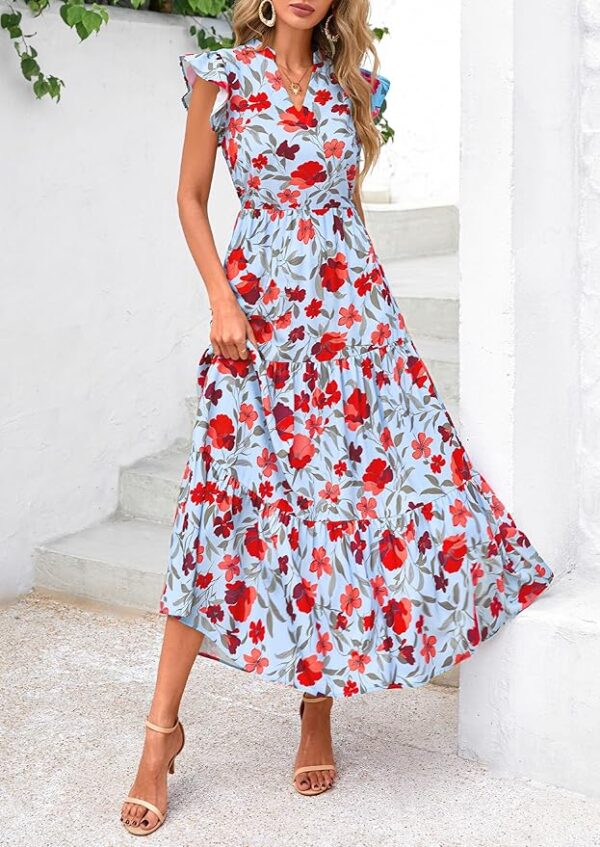 PRETTYGARDEN Women's 2025 Summer Floral Midi Dress Cap Sleeve V Neck Ruffle Long Flowy Boho Casual Beach Vacation Dresses - Image 4