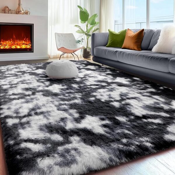 PAGISOFE 9x12 Area Rugs Living Room, Extra Large Black White Grey Machine Washable Rugs for Bedroom Fluffy Indoor Rugs for Kids Room Classroom Dorm Room Aesthetic Shaggy Carpet Plush Modern Cool Rug