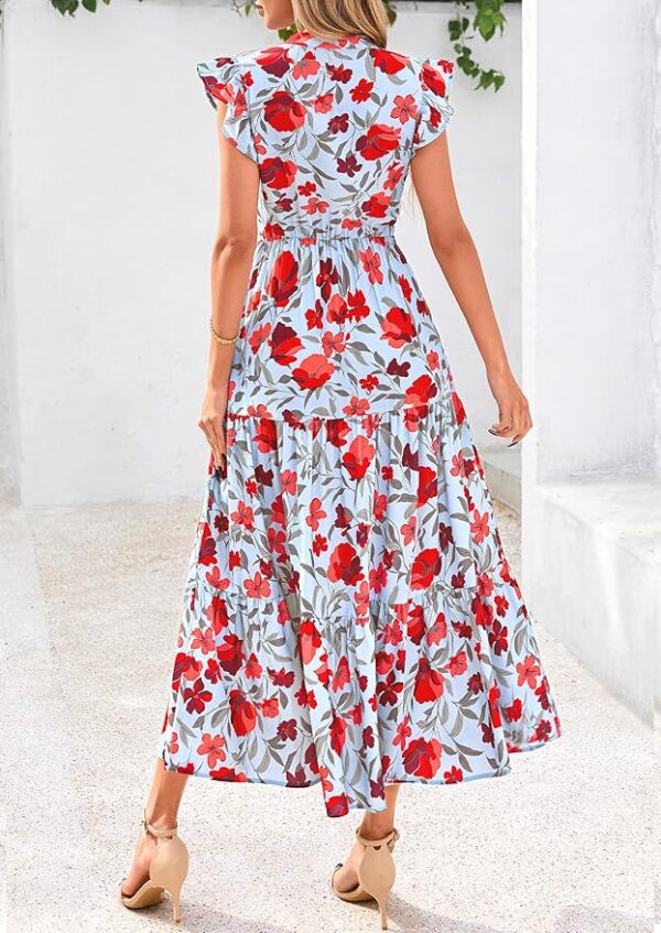 PRETTYGARDEN Women's 2025 Summer Floral Midi Dress Cap Sleeve V Neck Ruffle Long Flowy Boho Casual Beach Vacation Dresses - Image 3