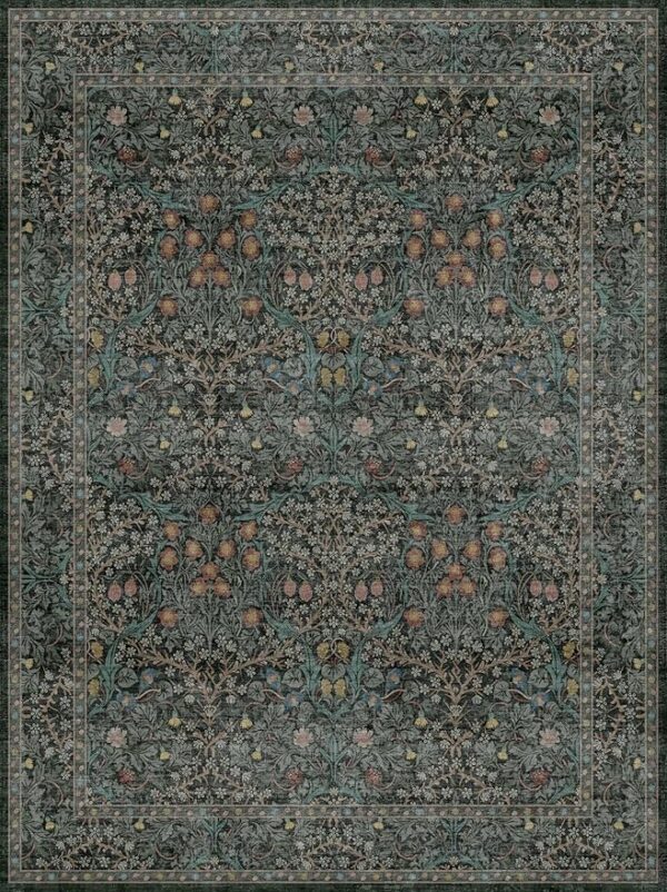 Washable Dark Green Rug for Living Room - 9x12 Large Area Rug for Bedroom, Dining Room Rugs for Under Table, Soft Low Pile Non-Slip Stain Resistant Carpet - Vintage Floral Design (9x12 Dark Green) - Image 2
