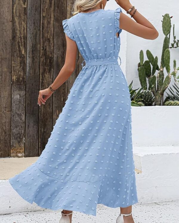 BTFBM Women V Neck Summer Dress 2025 Cap Sleeve Swiss Dot Boho Flowy Ruffle Slit Beach Party Long Maxi Cocktail Dresses - Image 6