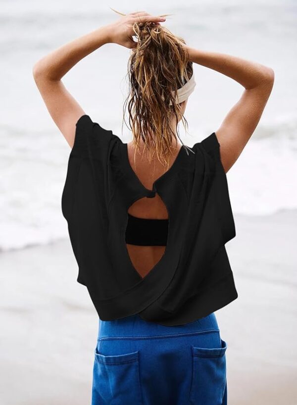 Women Short Sleeve Workout Shirts Open Back Tops Casual Yoga Y2k Athletic Gym Slouchy Crop Running Tees - Image 4