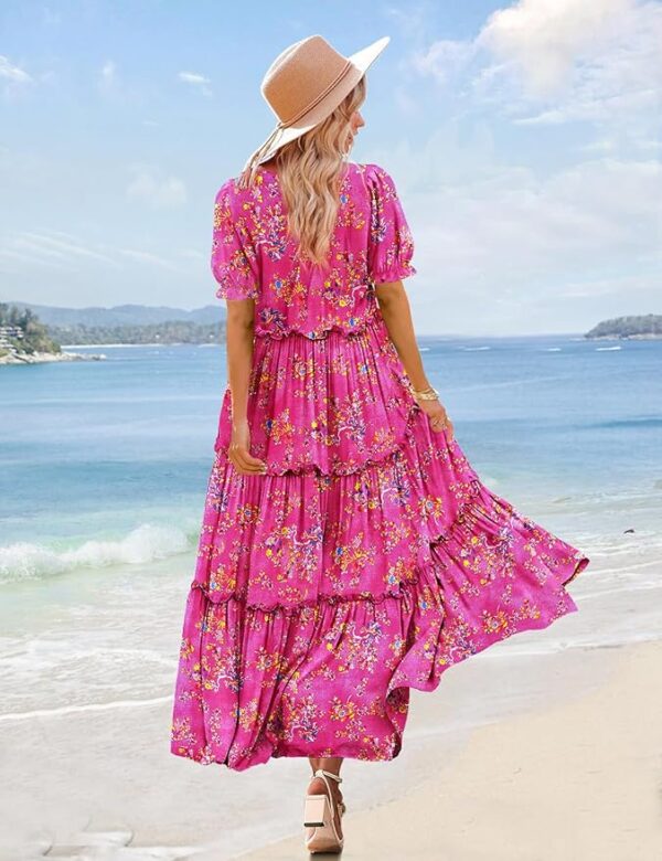 YESNO Summer Casual Bohemian Floral Dresses for Women Puff Short Sleeve Long Maxi Dress with Pockets ETX - Image 2