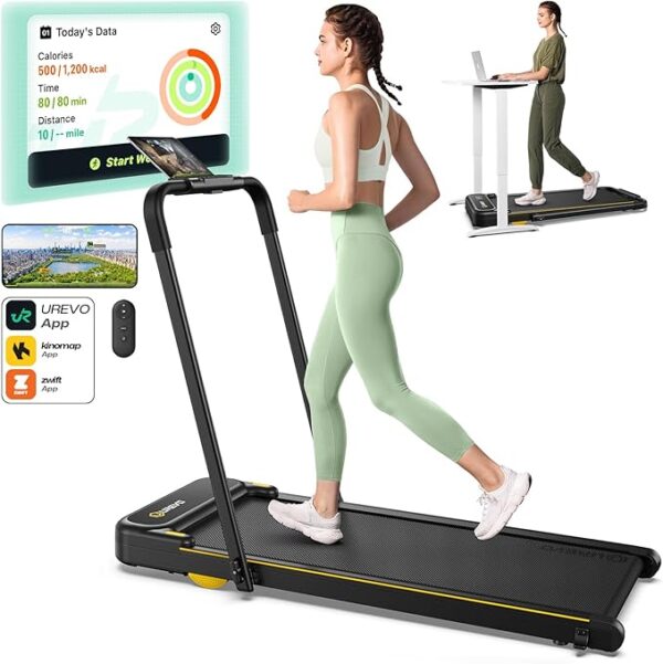 UREVO Smart 2-in-1 Folding Treadmill, Compact Walking Pad with Safety Handle, Plug and Play, Dual LED Display, Workout APP, Walking or Running for Home Office, Remote Included