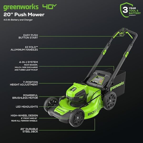 Greenworks 40V 20" Brushless Push Mower, 4.0Ah Battery (Aluminum Handles + Light) - Image 2