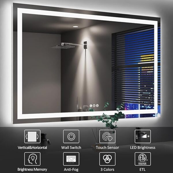 Amorho LED Bathroom Mirror 50" X36" with Front and Backlight, Stepless Dimmable Wall Mirrors with Anti-Fog, Shatter-Proof, Memory, 3 Colors, Double LED Vanity Mirror(Horizontal/Vertical) - Image 4