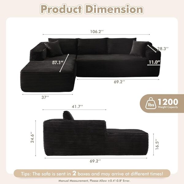 106" Cloud Sectional Couch with Chaise Lounge,L Shaped Modular Modern Sofa,Comfy Corduroy Fluffy Sofa with Deep Seat,No Assembly Required Couch for Living Room(Left,Plush Corduroy,Black) - Image 3