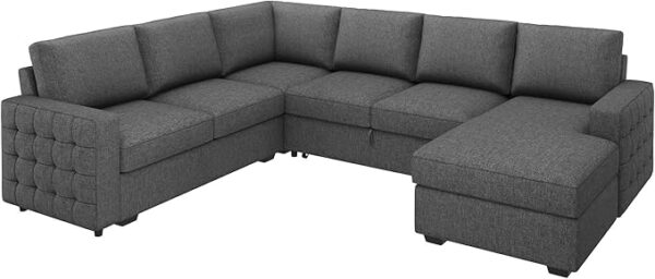 HONBAY Sectional Sleeper Sofa with Pull Out Bed U-shape Sectional Couch Sleeper Bed with Storage Chaise Lounge Living Room 6 Seater Sectional Sofa Bed, Light Grey, 111.4''(L)*85.8''(W)*35''(H) - Image 6