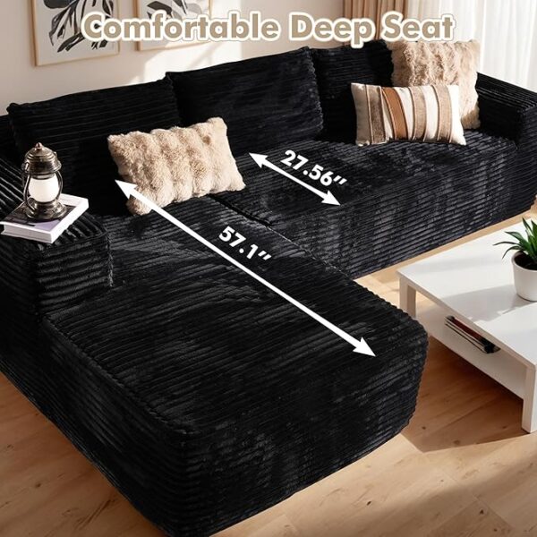106" Cloud Sectional Couch with Chaise Lounge,L Shaped Modular Modern Sofa,Comfy Corduroy Fluffy Sofa with Deep Seat,No Assembly Required Couch for Living Room(Left,Plush Corduroy,Black) - Image 6