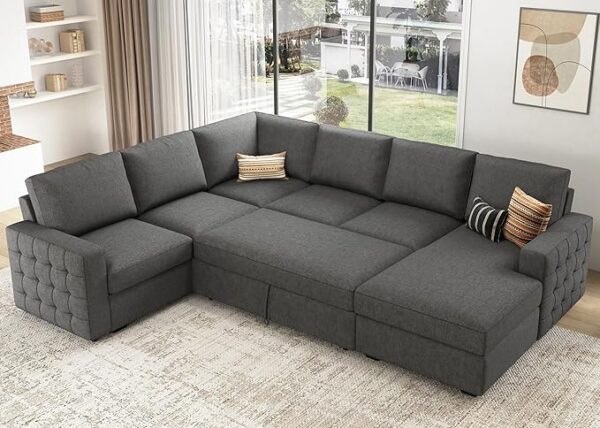 HONBAY Sectional Sleeper Sofa with Pull Out Bed U-shape Sectional Couch Sleeper Bed with Storage Chaise Lounge Living Room 6 Seater Sectional Sofa Bed, Light Grey, 111.4''(L)*85.8''(W)*35''(H) - Image 5